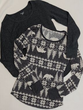Old Navy Charcoal Grey & White Long Sleeve Thermal Tops (Set Of 2) - Small Tall